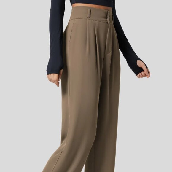 US-L, High Waisted Shirred Back Side Pocket Plicated, Strt Leg Suit Pant - Picture 2 of 6